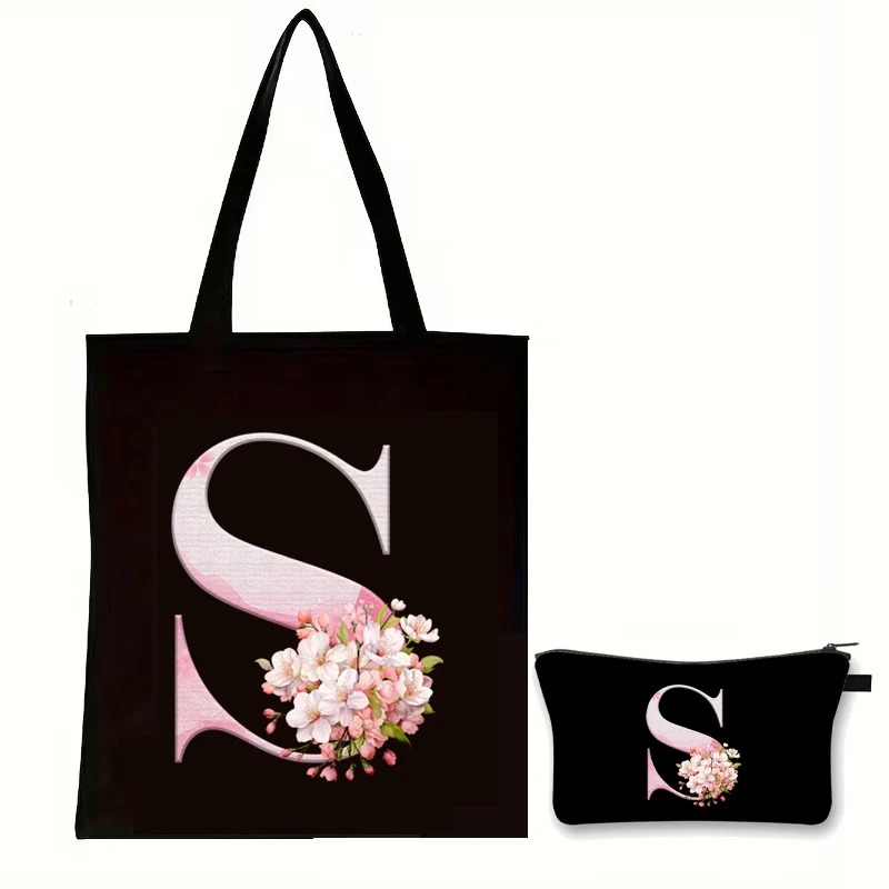 

Cherry Blossom Print Alphabet Canvas Shoulder Handbag Set Women Vintage Sakura Makeup Bags Fashion Girls Birthday Party Gifts