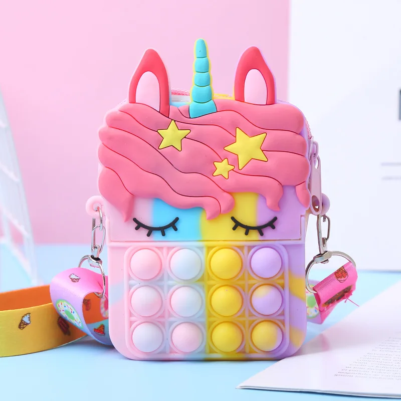 Bolso de silicona con forma de unicornio para niñas, monedero de descompresión para niños, juguetes Fidget, alivio del estrés, bolso de mano para Autismo