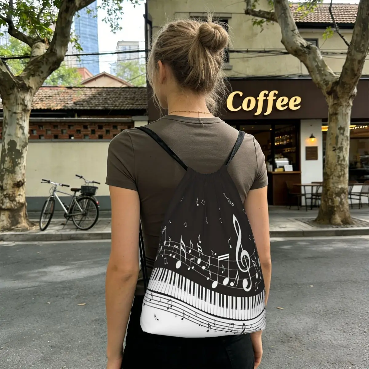 Golden Musical Notes Piano Keyboard Backpacks Portable Drawstring Bundle Pocket Storage Bag Book Bags for Man Woman Students