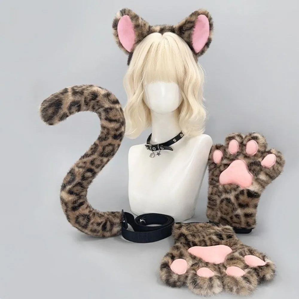 Leopard Print Cat Cosplay Props Furry Cartoon Design Cat Ears Headband Beast Claw Halloween Role Play Props Fancy Dress Party
