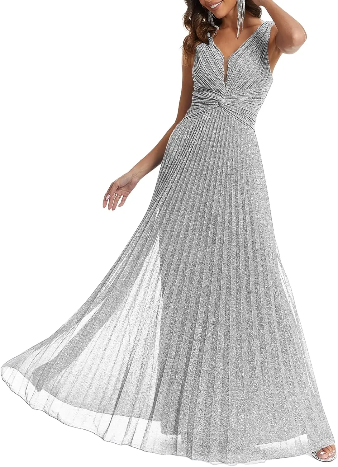 ชุดเดรสค็อกเทลสตรีคอวีเอวสูงจีบชุดราตรีแขนกุดเอ-ไลน์ชุดพร้อมเอวผูกชุดรับปริญญา