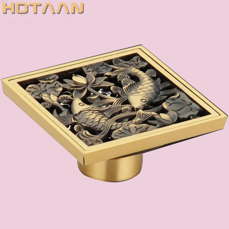 . High Quality Antique Brass Carved Flower Art Bathroom Accessory Floor Drain Waste Grate100mm*100mm YT-2111