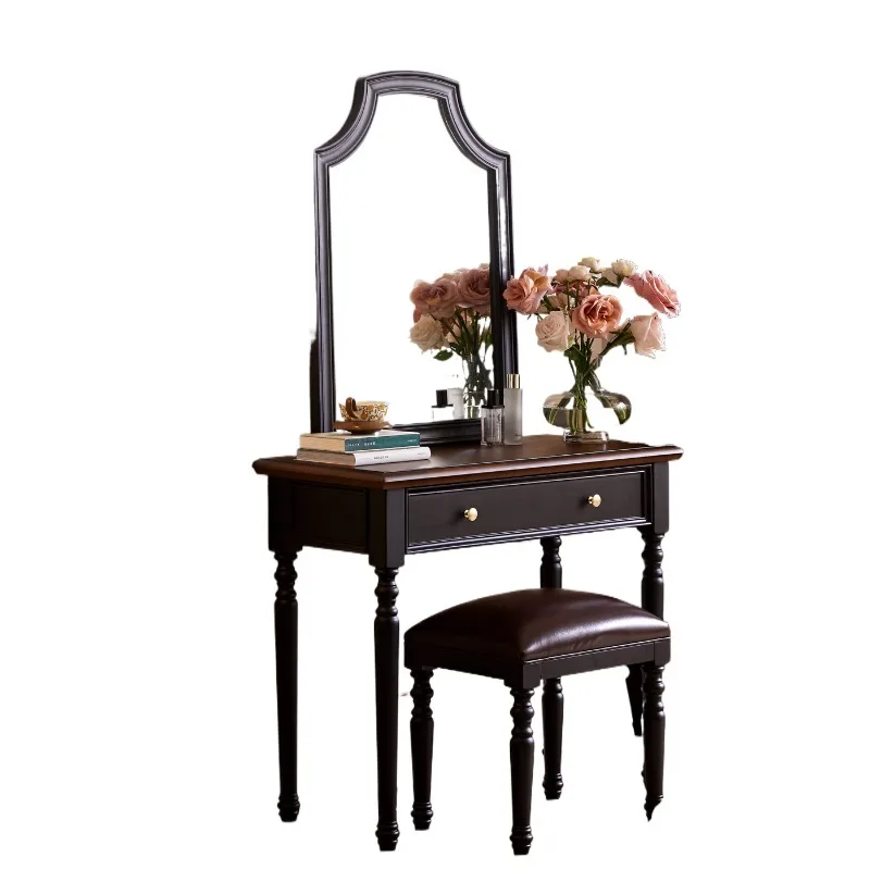 

Medieval 90cm retro solid wood dresser with mirror with makeup stool niche design makeup table 0.9 meters