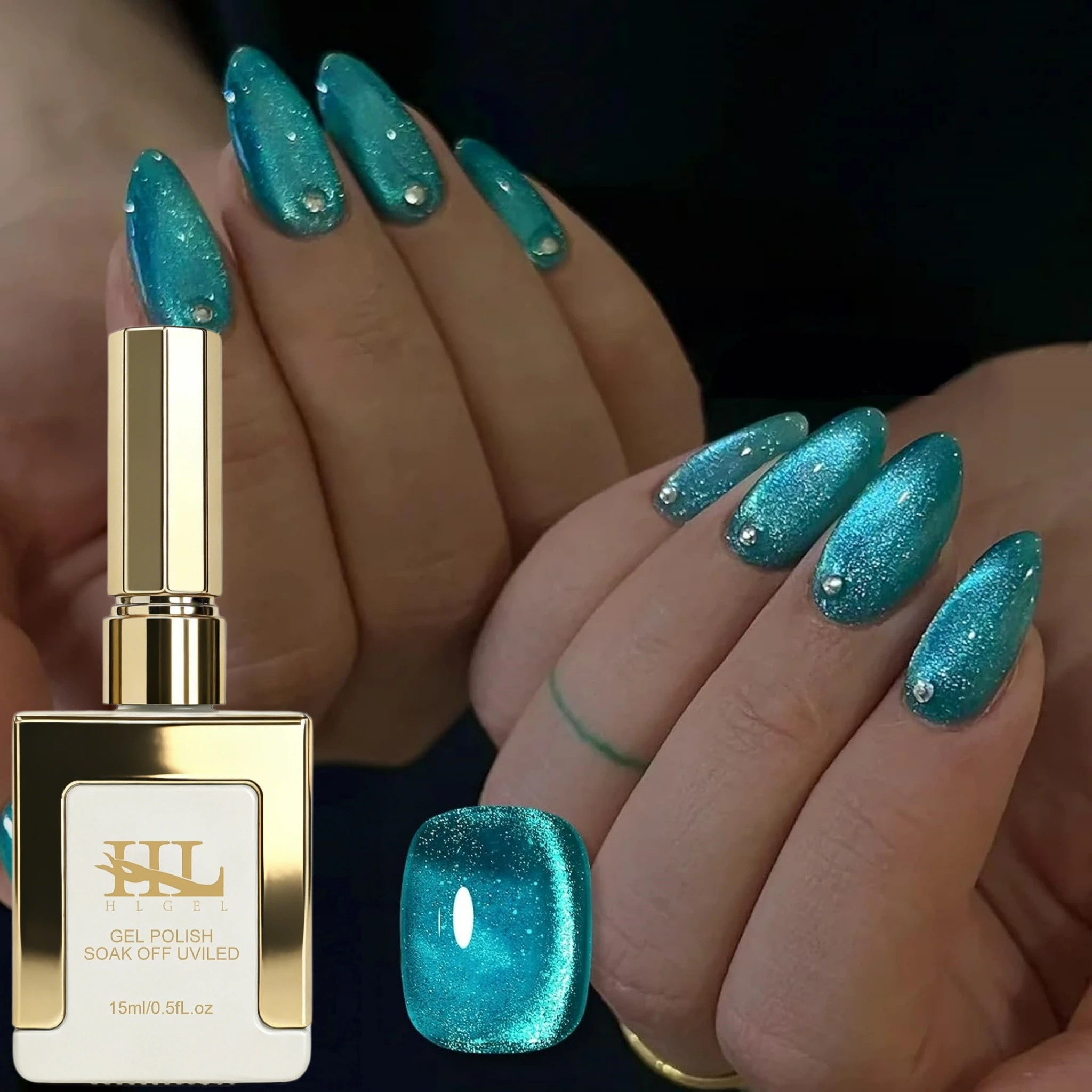 15ml Teal Turquoise Cat Eye Gel Polish, UV LED Soak Off Magnetic Sparkly Shimmer Nail Gel for Christmas New Year Winter Holiday