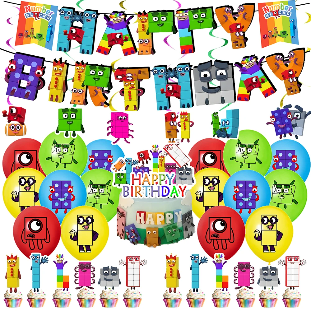 Number Building Blocked Birthday Party Decoration Balloon Backdrop Tableware Cake Topper Party Supplies Baby Shower