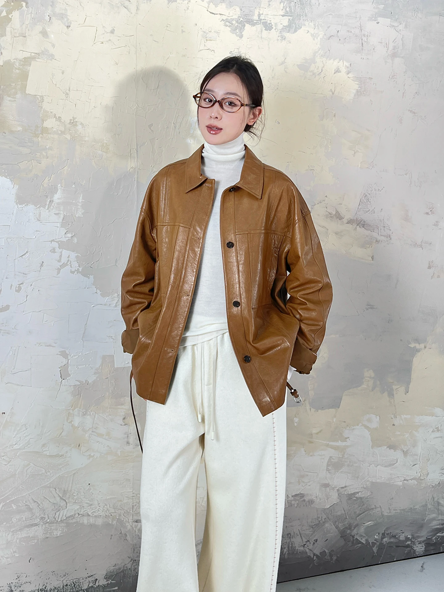 メアリーティム オイルワックスレザージャケット ポロカラー バーンスタイル シープスキンコート ストリートスタイル 長袖 ルーズフィット ユースファッション