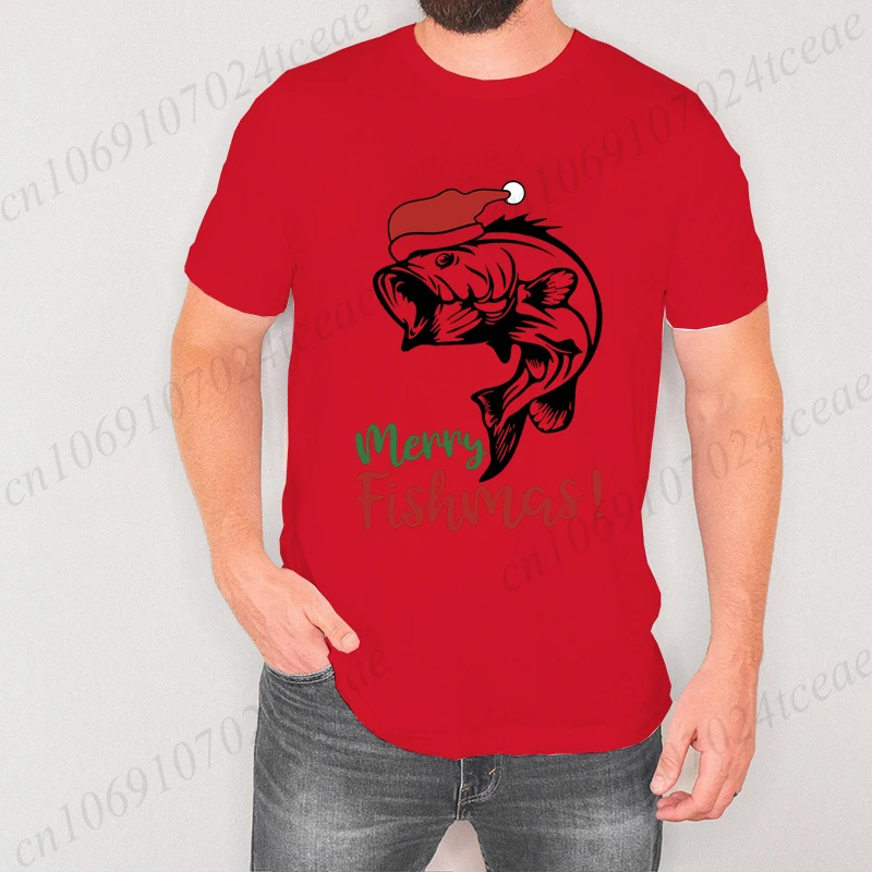 الصيد عيد الميلاد الرجال تي شيرت مرح Fishmas طباعة تيز موضة قصيرة الأكمام عادية المتضخم تي شيرت صياد عيد الميلاد القمم