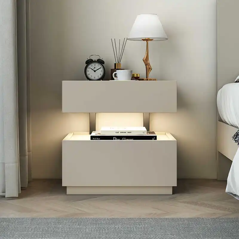 

Minimalist solid wood bedside table suspension plus lamp skin feeling warm white light gray bedside table multi-functional chest