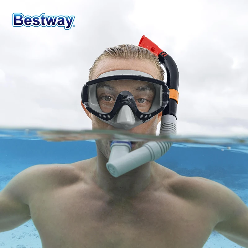Bestway 24068 แว่นตาดําน้ําตื้นระดับพรีเมียมสําหรับผู้ชายและผู้หญิงพร้อมมุมมองมุมกว้าง - หน้ากากซิลิโคนกรอบใหญ่