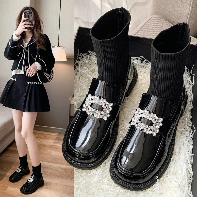 Crystal Boots Socks Heels Boots-Women Shoes Rhinestone Stockings Black 2024 Flat Ladies Rock Autumn Ankle Women's Boots Autumn B