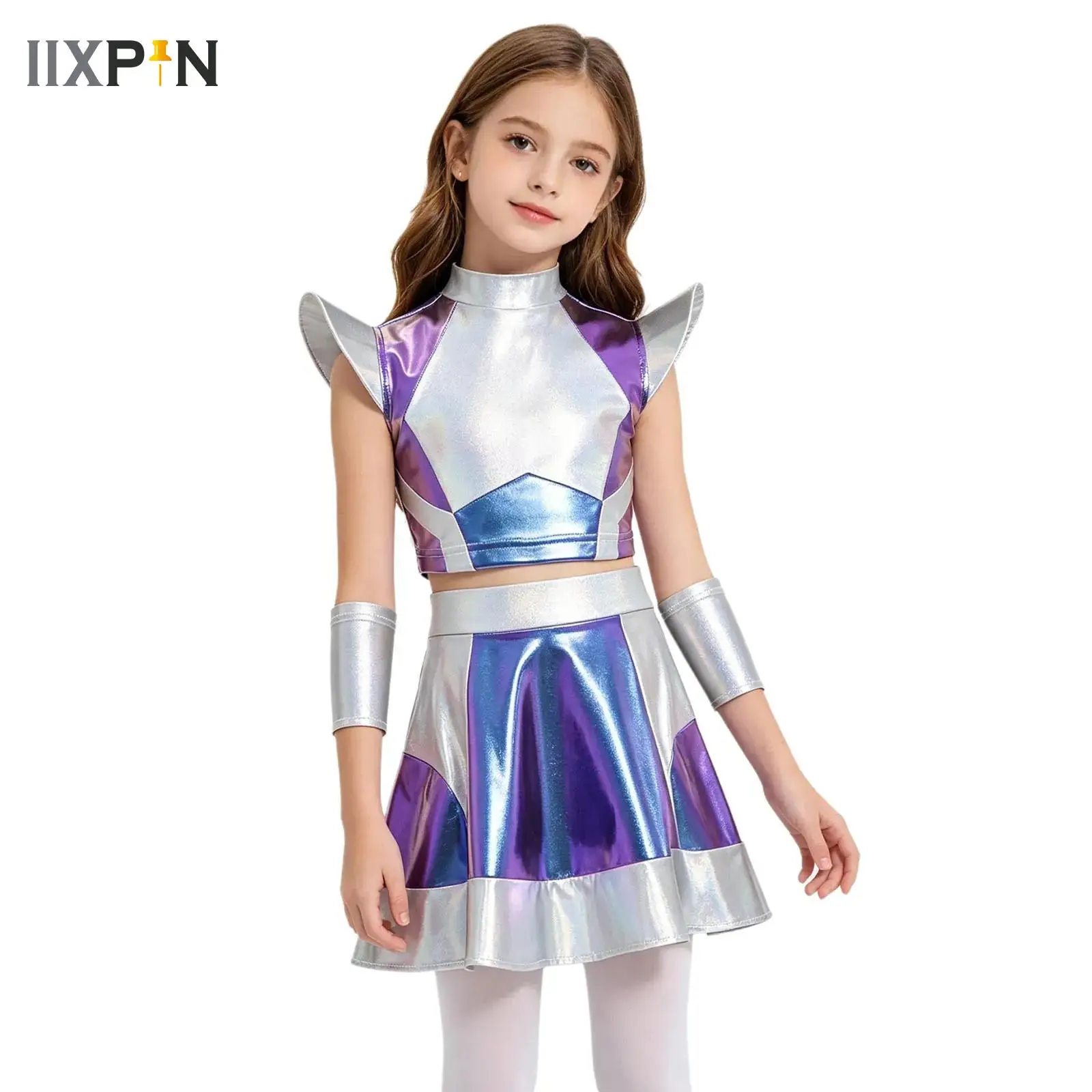 

Girls Metallic Dancer Cosplay Costume 3 Pieces Top And Skirt with Oversleeves Disco Party Dress Halloween Carnival Dancewear