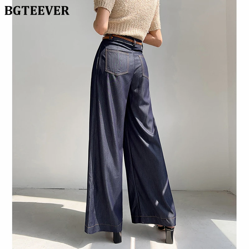 BGTEEVER Spring Summer Loose Wide Leg Jeans Trousers for Women Stylish High Waist Female Denim Pants