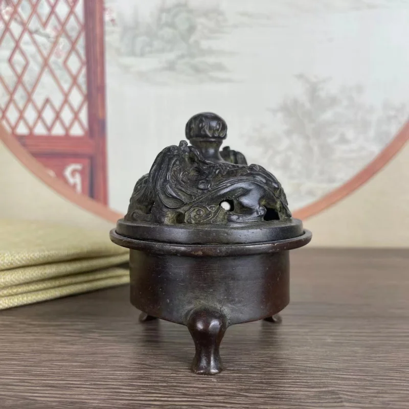 Copper Qing Dynasty Double Dragon Lotus with Bead Motif, Three-Legged Home Decorative Incense Burner, Vintage Sty
