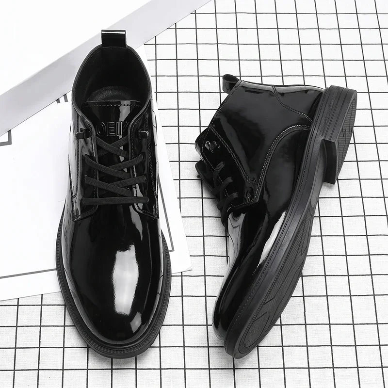 Men Glossy Black Lace‑up Ankle Boots High‑top Thick Sole Fashion Casual Business Men Footwear