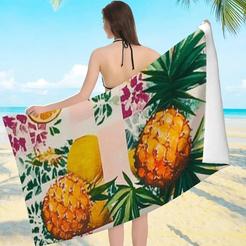 Tropical Pineapple & Fruit Patchwork Beach Towel – Ultra Soft Microfiber Quick Dry Sand Free Oversized for Adults Perfect for