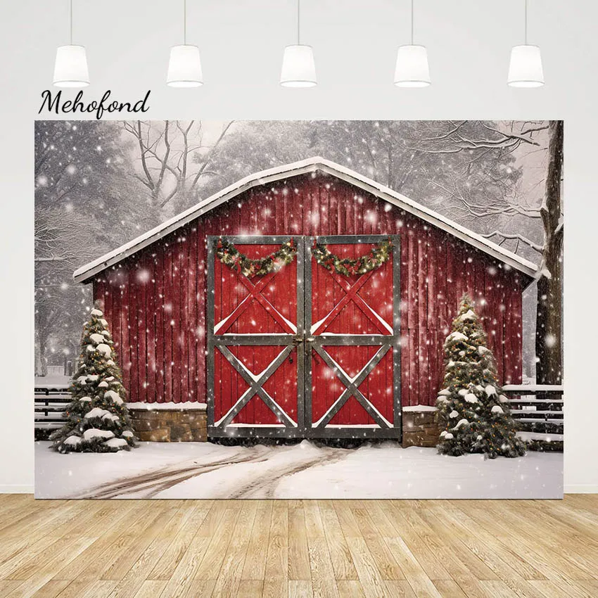 Mehofond Winter Forest Christmas Backdrop Photography Snow Old Red Barn Xmas Tree Children Portrait Background Photo Studio Prop