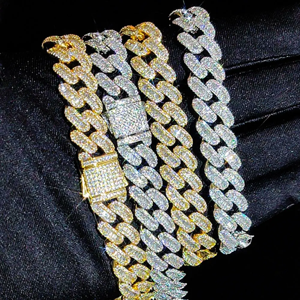 

NY 12MM Wide Spring Buckle Design Cuban Bracelet Necklace Cut Surface Inlaid With Zircon Fashionable Shining Exquisite Gift