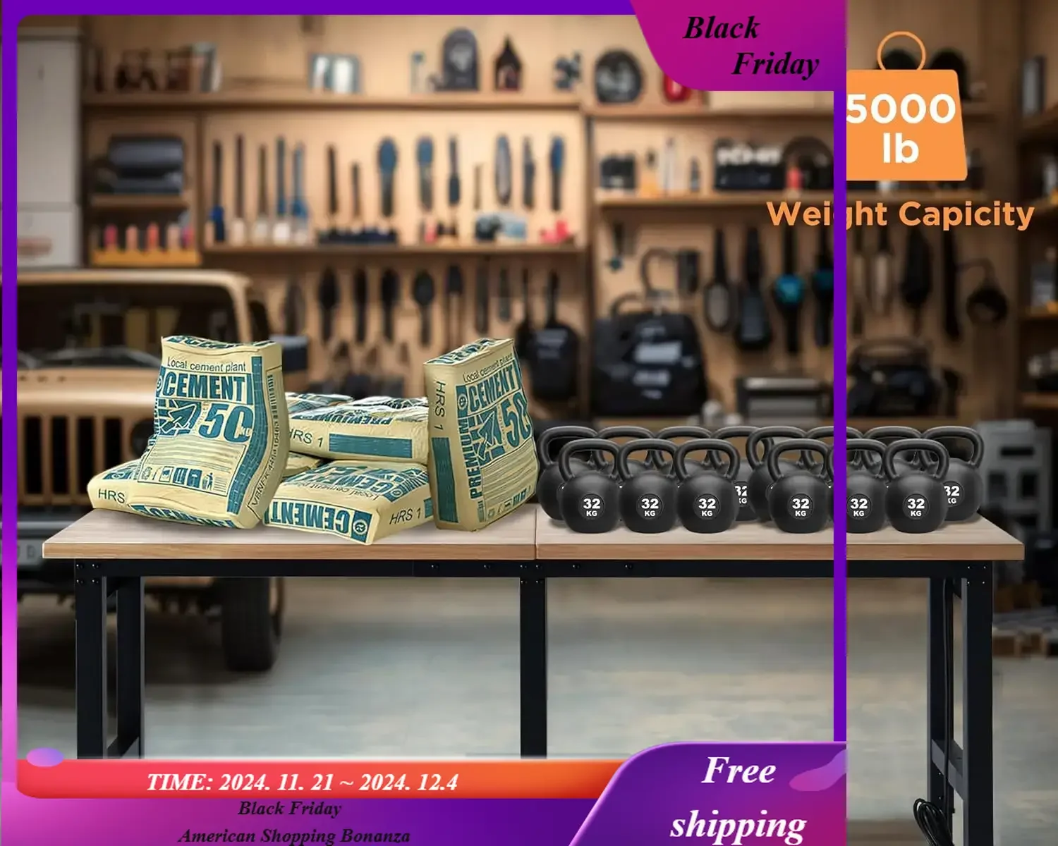 Adjustable Workbench Rubber Wood Top Heavy Duty Workbench with Power Outlets & Hooks