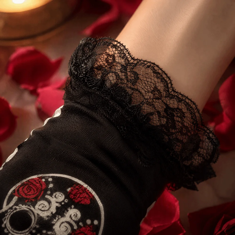 Rose Flower Design Lace Mesh Mittens Luminous Winter Warm Halloween Cosplay Gloves Punk Style Halloween Gloves