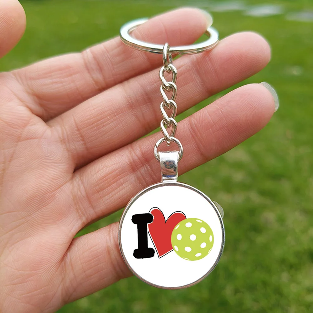 King Queen of the Pickleball Alloy Key Chain for Couple Ball Sports Lovers Glass Gem Pendant Bag Keyring Holder Gift