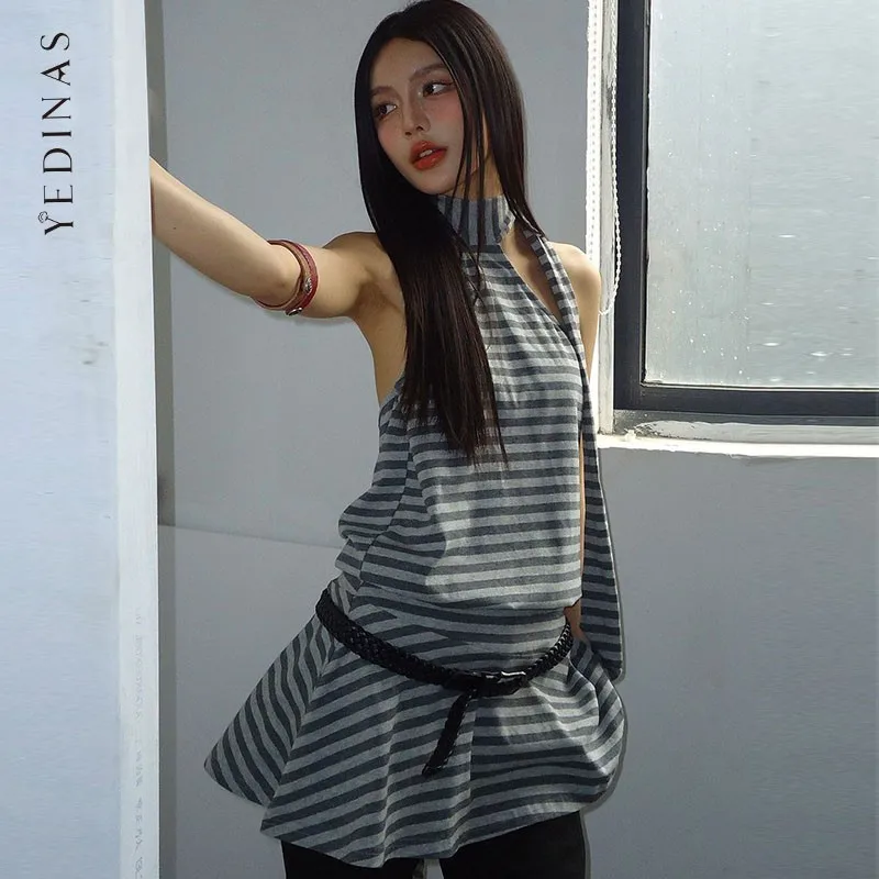 

Yedinas Striped Halter Tops Streetwear Sleeveless Tshirts Backless Tank Tops Women Clothes Korean Fashion Summer Tops Camisole
