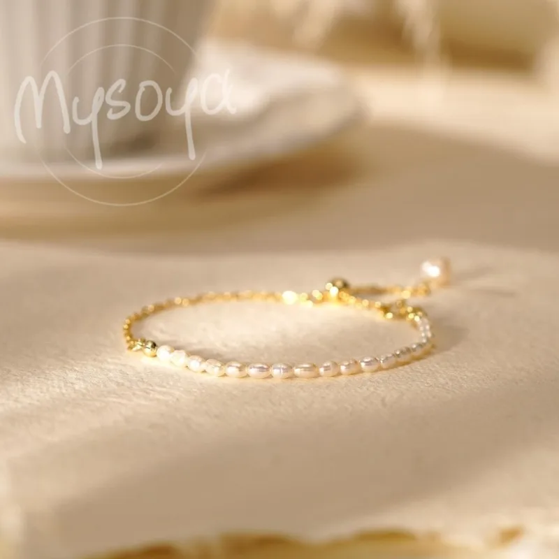 

MYSOYA 3-4mm White Rice Shape Freshwater Pearl Bracelet For Women And Men With Gift Box Perfect Wedding Birthday Christmas Gift