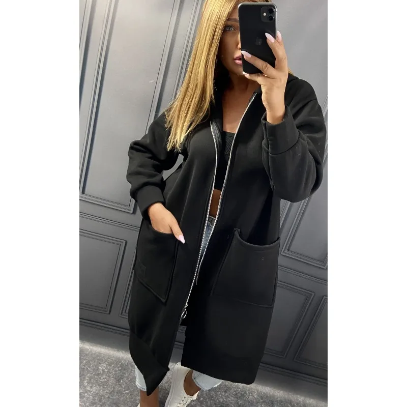 

Autumn and Winter New Loose Knitted Hooded Long Skirt Fleece Sweater Casual Fashion Big Pocket Sweater Jacket