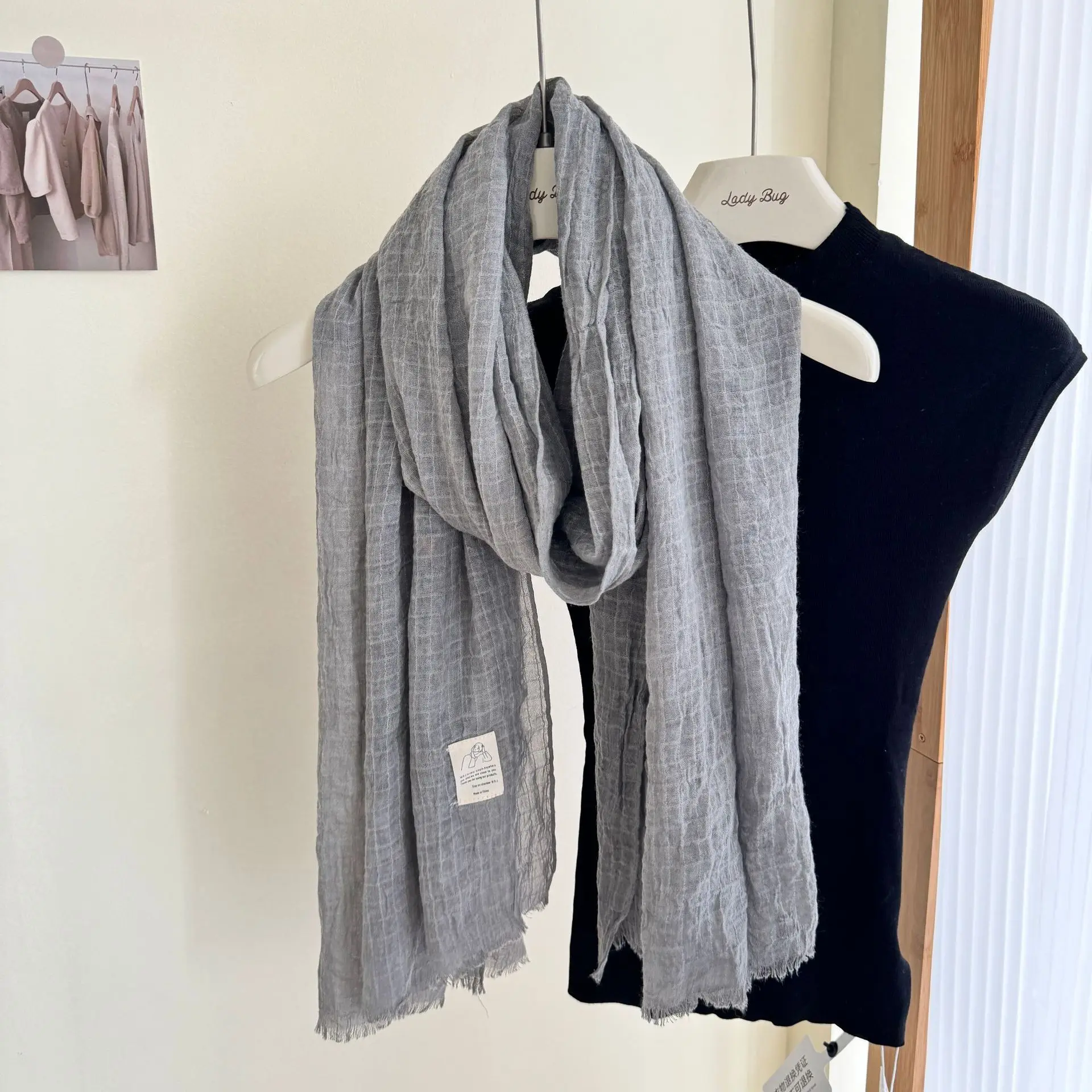 Cotton Linen Scarf Pleated Waffle Texture Women's Spring and Autumn Thin Solid Color Cotton Yarn Shawl Dual-purpose Long Winter
