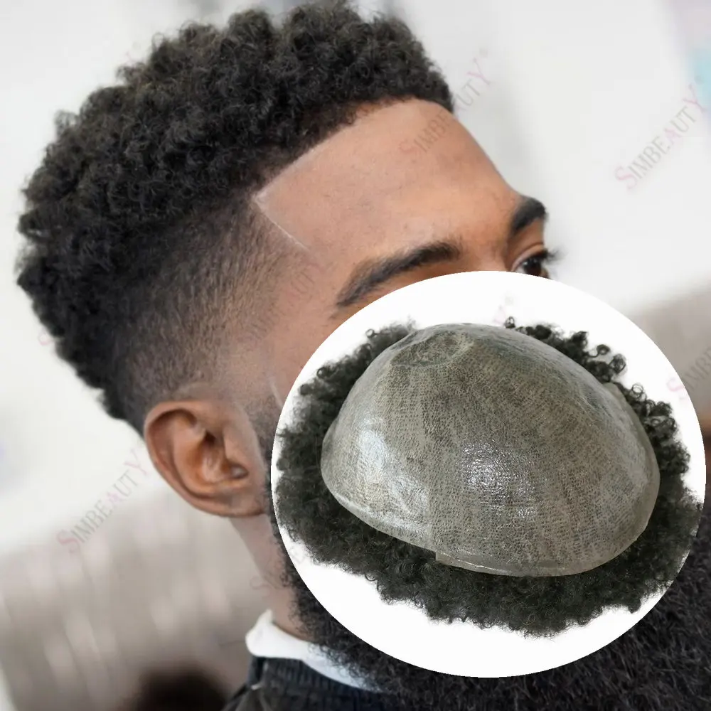 

6 мм афро-кудрявый мужской парик из настоящей системы человеческих волос, капиллярный протез, прочный полный кожа, искусственная основа, мужской черный, серый парик