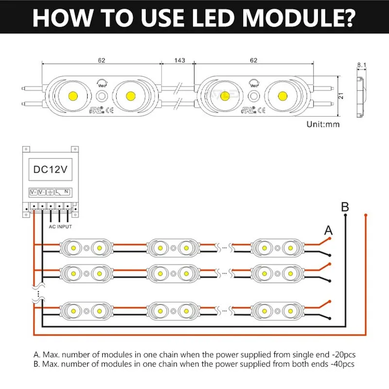 DC12V OSRAM LED MODULE IP67 Waterproof 180° Degree Lens High Quality Cable Suitable for Home Signage Decoration