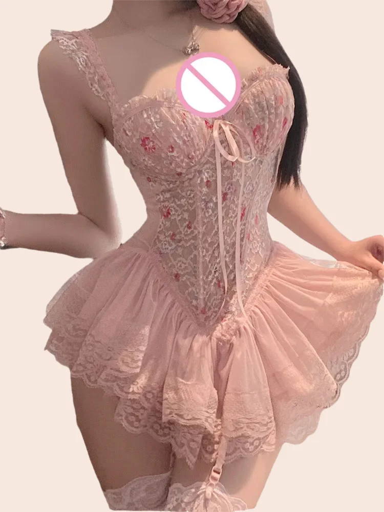 

Sexy porno lingerie Floral printing dyeing expose chest tight-fitting skirt uniform temptation stockings Accessories Hot adult