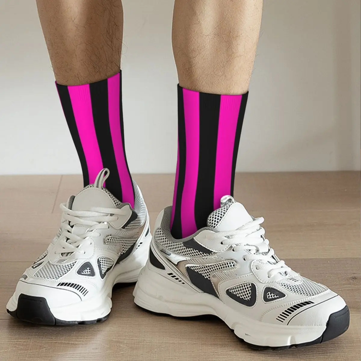 Neon Pink And Black Vertical Stripes Socks Harajuku High Quality Stockings All Season Long Socks for Unisex Christmas Gifts