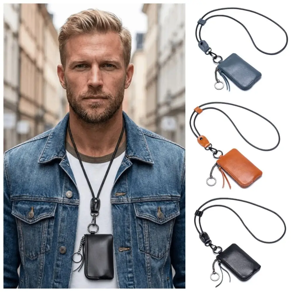 Simple PU Hanging Neck Wallets Soft with Keychain Lanyard Mini Coin Purse Retro Exquisite Men's Money Pouch Universal