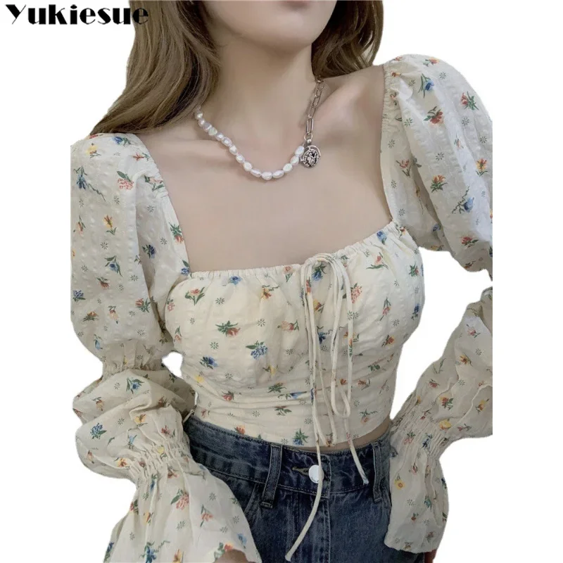 Colletto quadrato Chic Stampa Sexy Slim Estate All-match Stile coreano Tenero Camicette corte Donna Manica lunga svasata Abbigliamento da donna