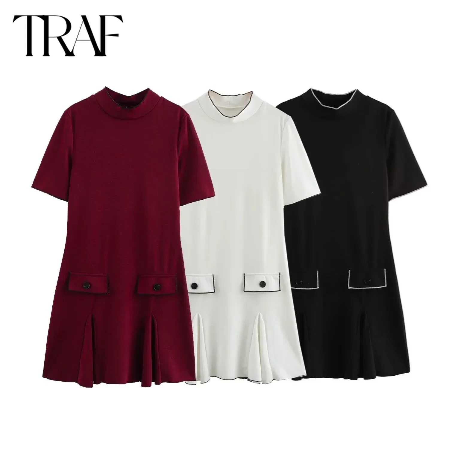 TRAF Dress for Women Fashion Autumn Winter New Wave Wide Swing Short Sleeve Mini Dresses French Chic Female Evening Clothing