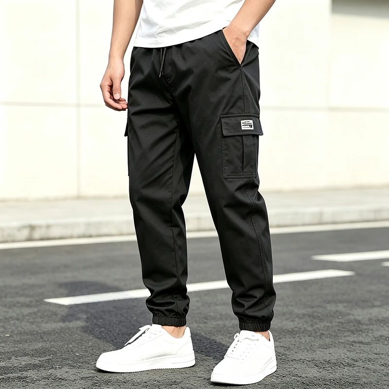 Men's Regular Fit Cargo Pants Elastic Drawstring Waist Multi Pockets Tapered Cuffs Casual Trousers for Daily Outdoor Wear