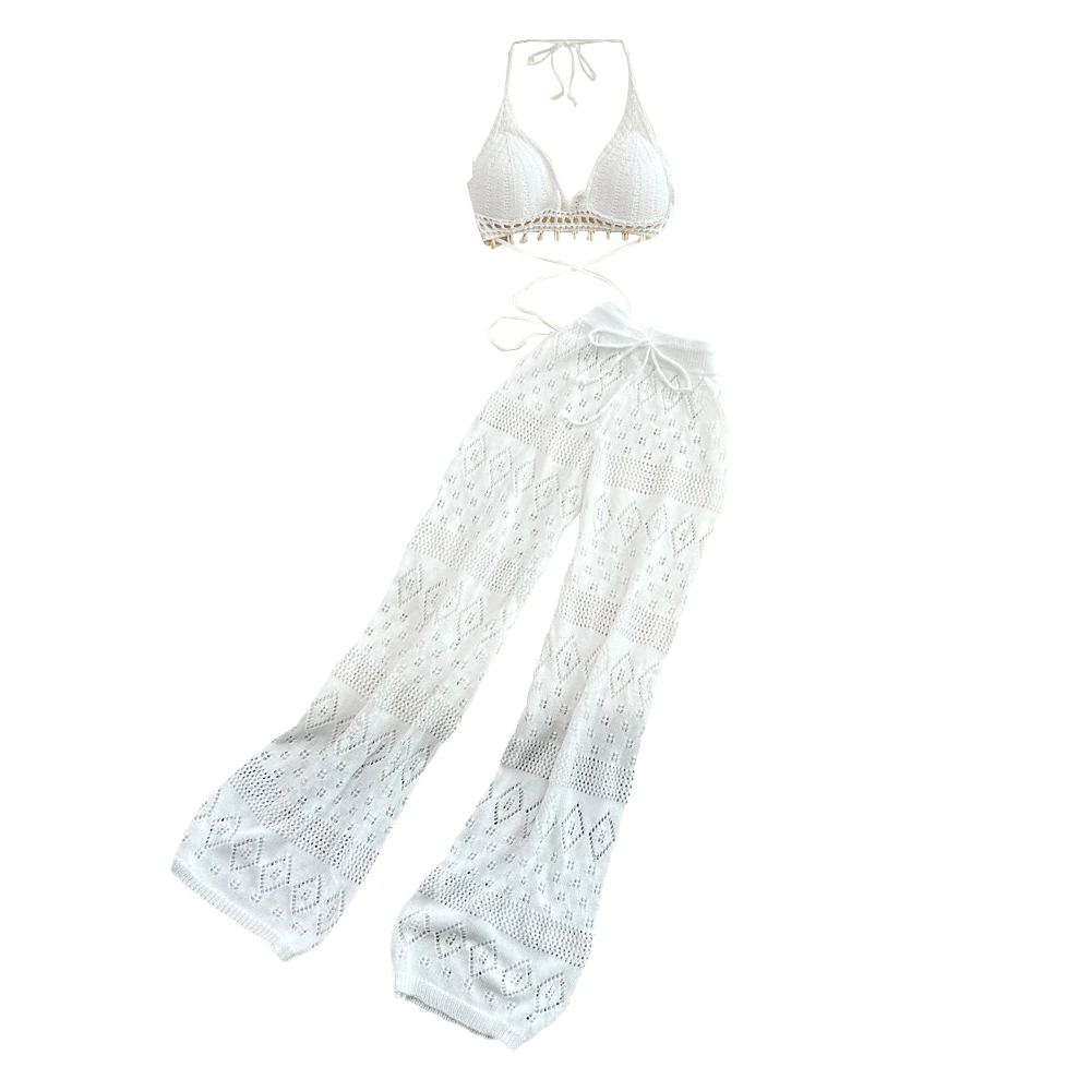 

Пляжный трикотажный комплект с высокой талией и вырезами, верхняя одежда из двух предметов, укороченный топ и брюки, модный летний ансамбль