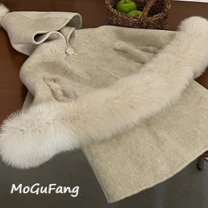 

01-Girls' Woolen Outfit Autumn Winter New Fashionable Fox Fur Coat Vest Dress