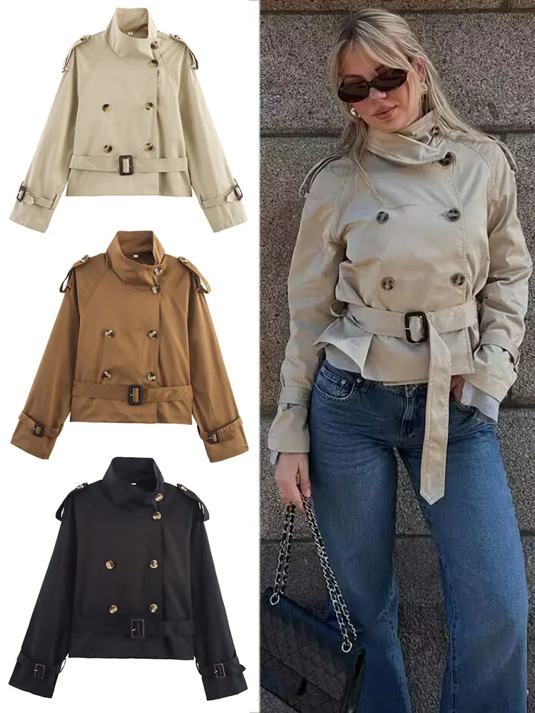 

HH Women Casual Solid Trench Coat Turtleneck Double Breasted Long Sleeve Jackets With Belt Fashion High Street Lady Outwears