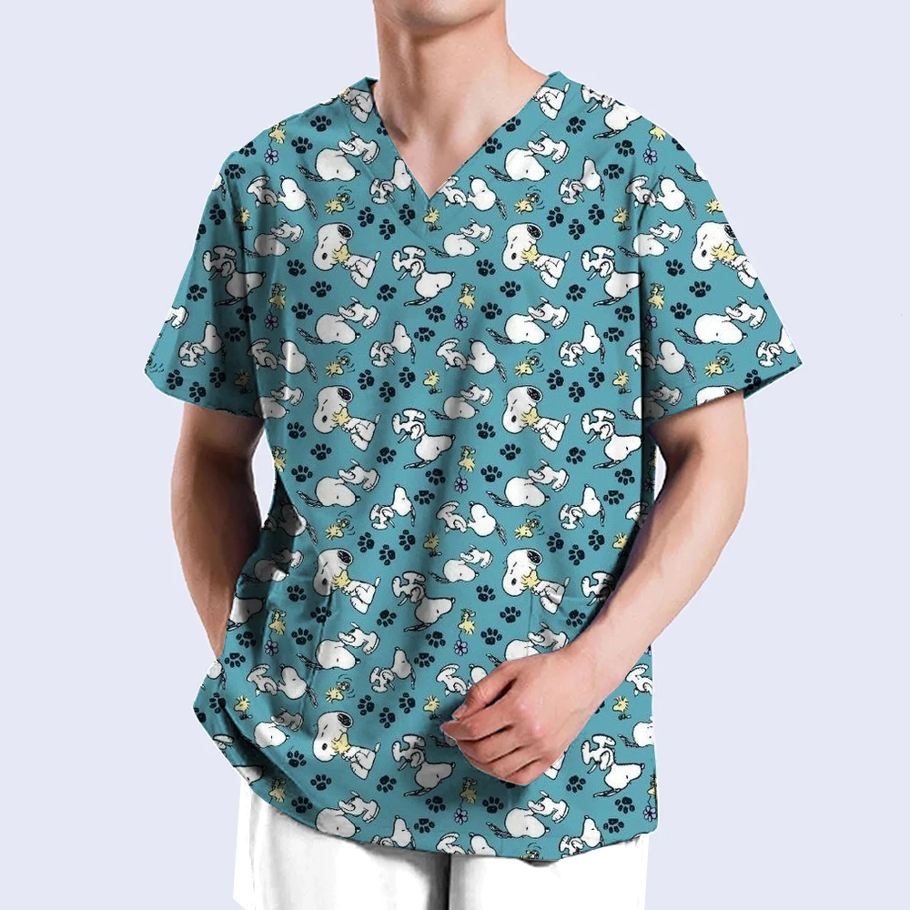 Men's V-neck Nurse Uniform T-shirt s-3XL Pocket Hospital Snoopy Kawaii Y2k Clothes Top 2024 New Men's Shirt