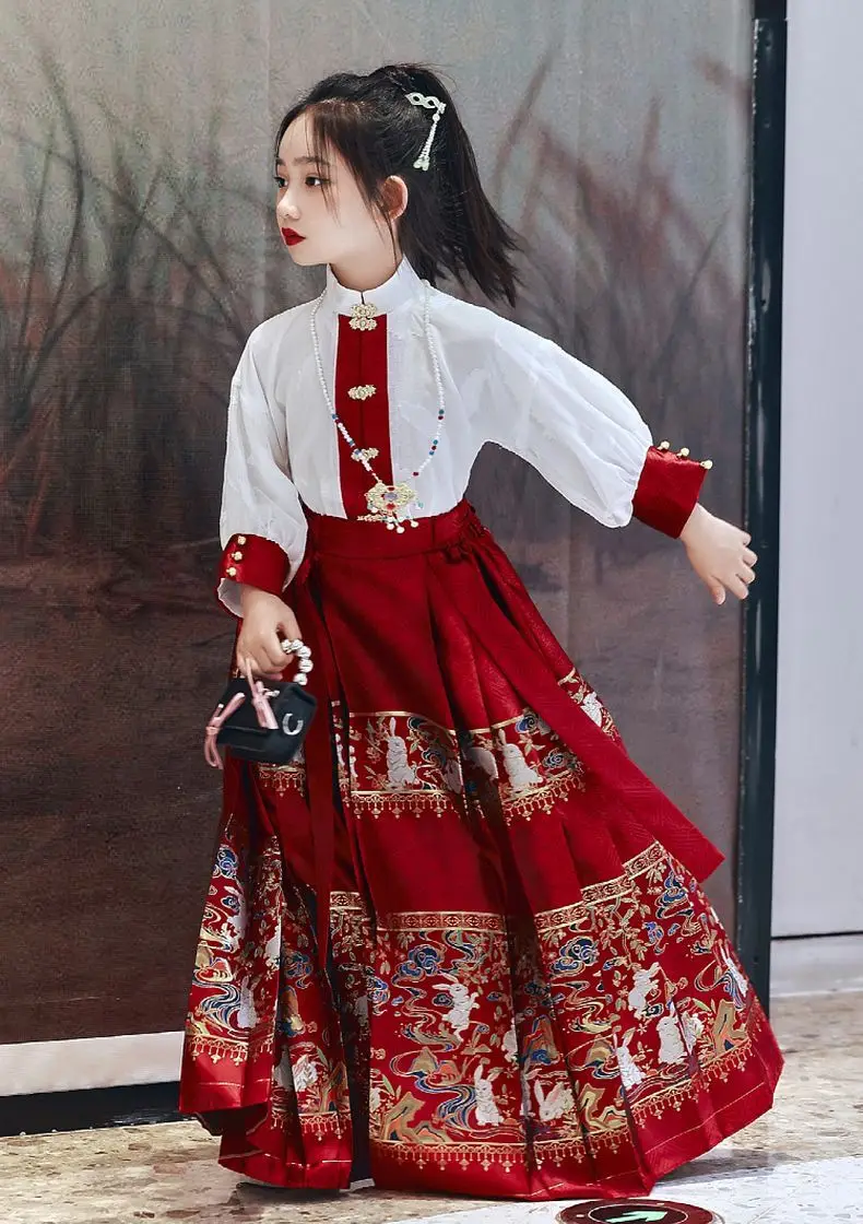 Chinese Hanfu Girls\' Improved Horse Face Skirt Chinese Style Tang Suit Ancient Style Girls\' Set Children\'s Ancient Suit Summer a