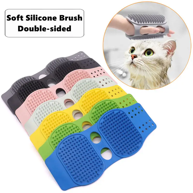 Double-sided Silicone Brush Pet Hair Cleaning Glove Rubber Comb Gloves Bath Massage Grooming Tool Adjustable Handle for Cat Dog