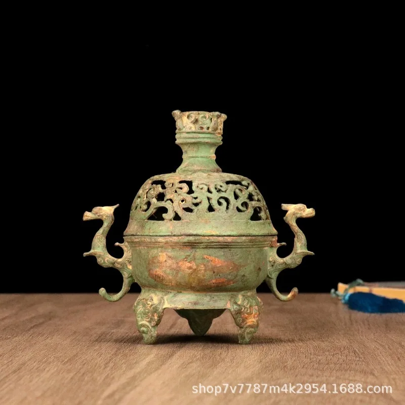 Brass alloy craftwork: three-legged, double-eared incense burner with auspicious animal motif, home decoration ornament