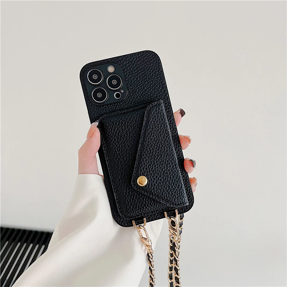 

For IPhone 16 Pro Max Case 15 14 Plus Crossbody Strap Lanyard Leather Cases Lychee Pattern Wallet Cover with Card Holder Lady
