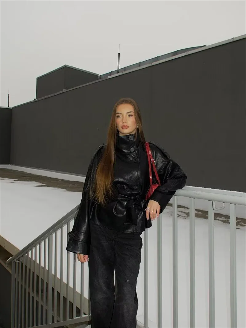 Guobioziy 2026 Women's Jacket Autumn New Solid Color Long Sleeve Belt-Decorated Stand Collar Loose Biker-Style Jacket Trendy
