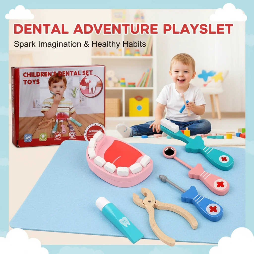 Children's Wooden Dentist Role Play Set Educational Pretend Play Toys Simulation Brush Teeth Check Medicine Kit for Kids