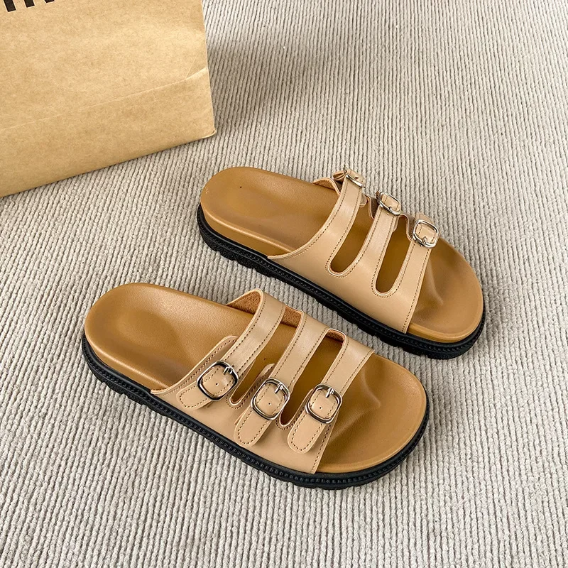

2025New Leather Slippers Women Fashion Three-row Buckle with All Casual Style Thick Soles Outside To Wear Open-toe Sandals Women