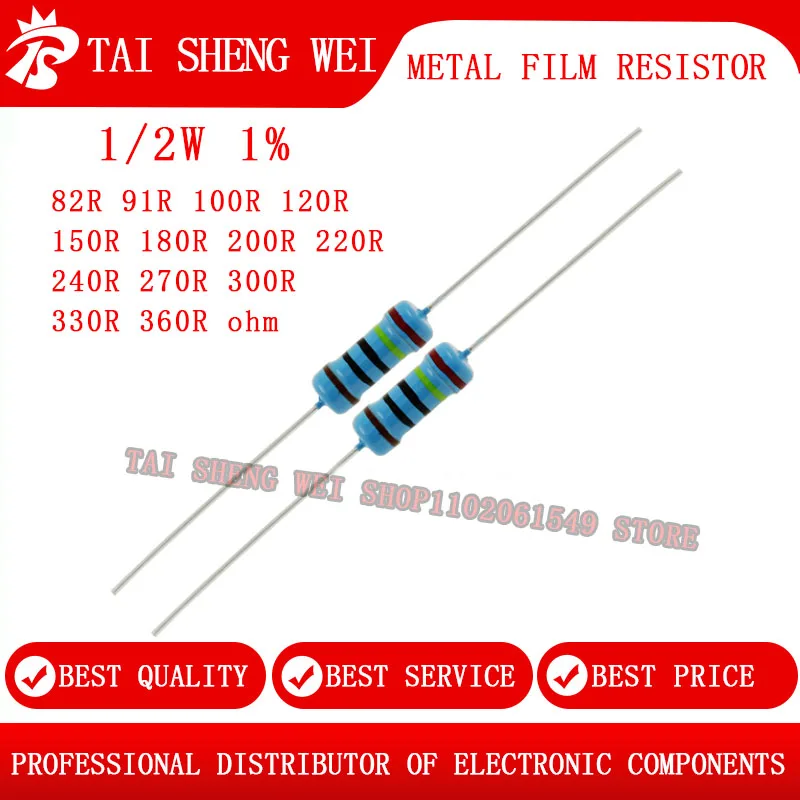 

50pcs 1/2W 1% Metal film resistor 82R ohm 91R 100R 100 ohm 120R 150R 180R 200R 200 ohm 220R 240R 270R 300R 300 ohm 330R 360R ohm