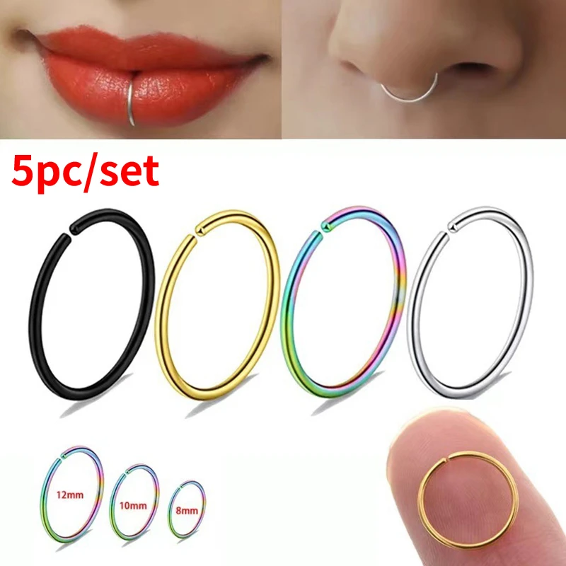 5pcsThickness Fake Nose Ring Septum Helix Nostril Piercing Labret Lip Fake Piercing Titanium Cartilage Fake Earrings Hoop