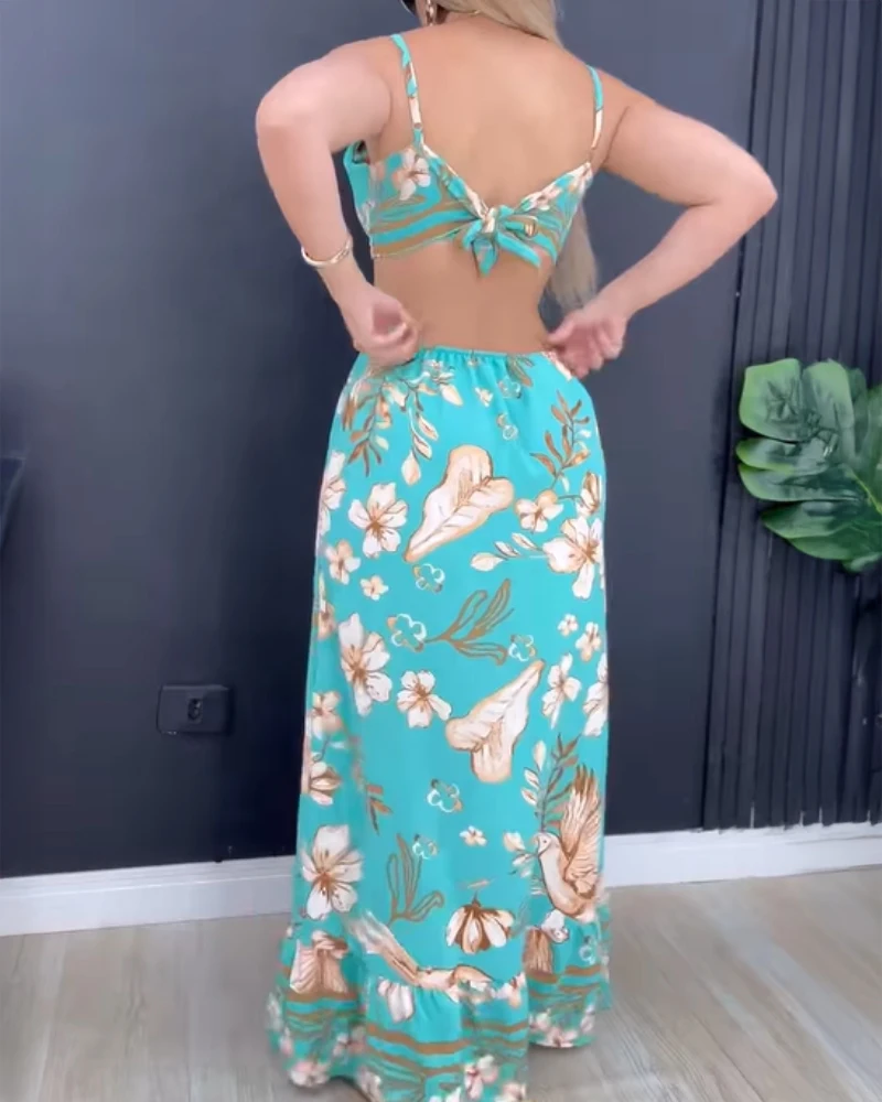 ชุดชายหาดผู้หญิงฤดูร้อนเซ็กซี่ชุดผู้หญิงดอกไม้พิมพ์ V คอ Camisole ยาวชุดลําลอง Backless ผูกรายละเอียดชุด
